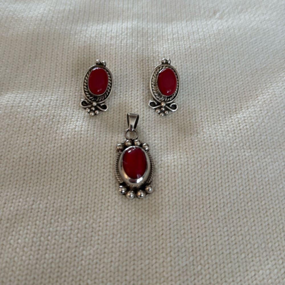 3 Piece Handmade Sterling Silver and Carnelian Set. Made in Mexico.